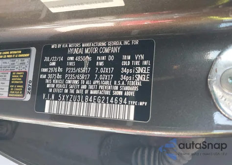 2014 Hyundai Santa Fe Sport 2.4L из США, поврежденный, VIN 5XYZU3LB4EG214694